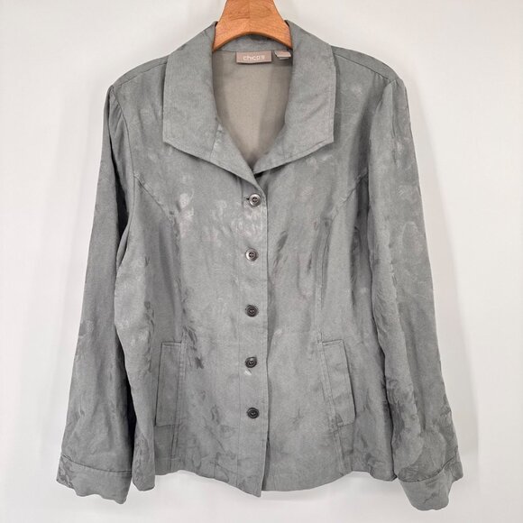 Chicos Womens Gray Button-Front top faux suede Size large  Long Sleeve - Picture 4 of 13